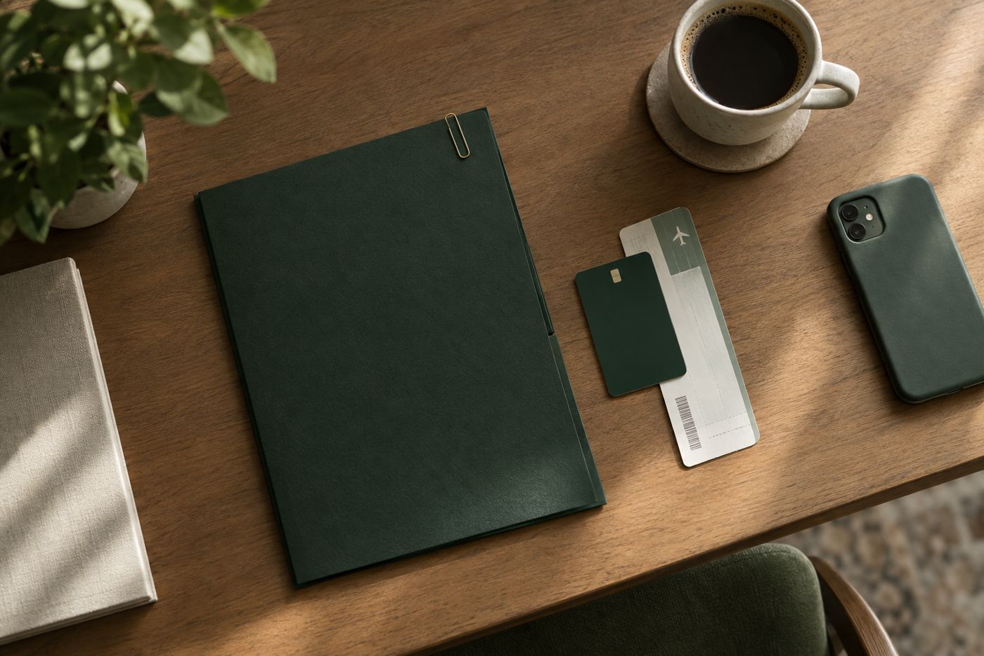 A clean desk with one closed folder, a boarding pass and hotel key neatly placed