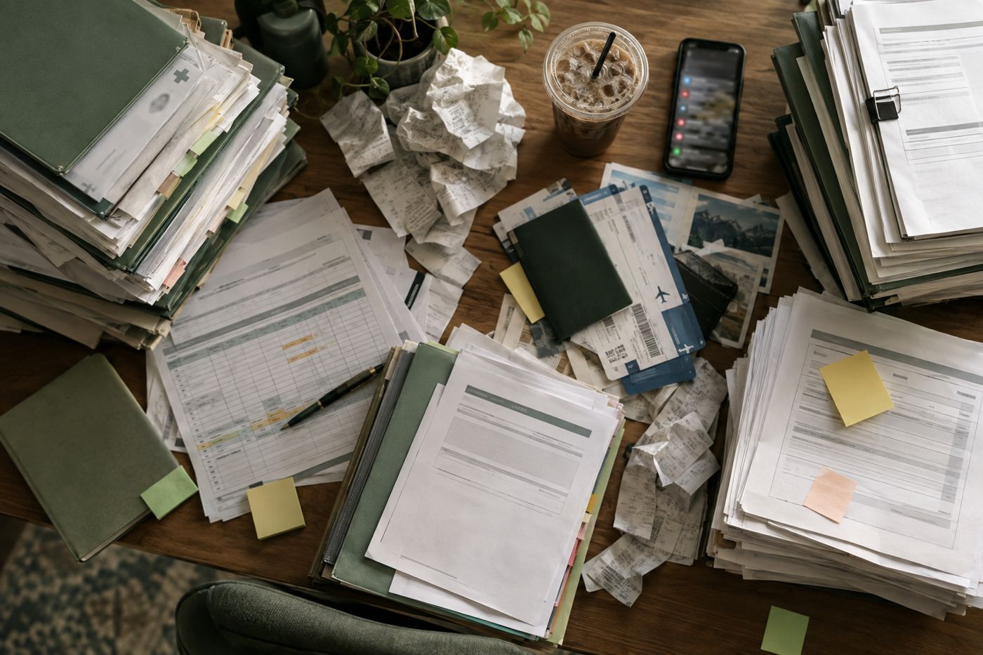 A desk buried in credentialing packets, receipts, timesheets and boarding passes