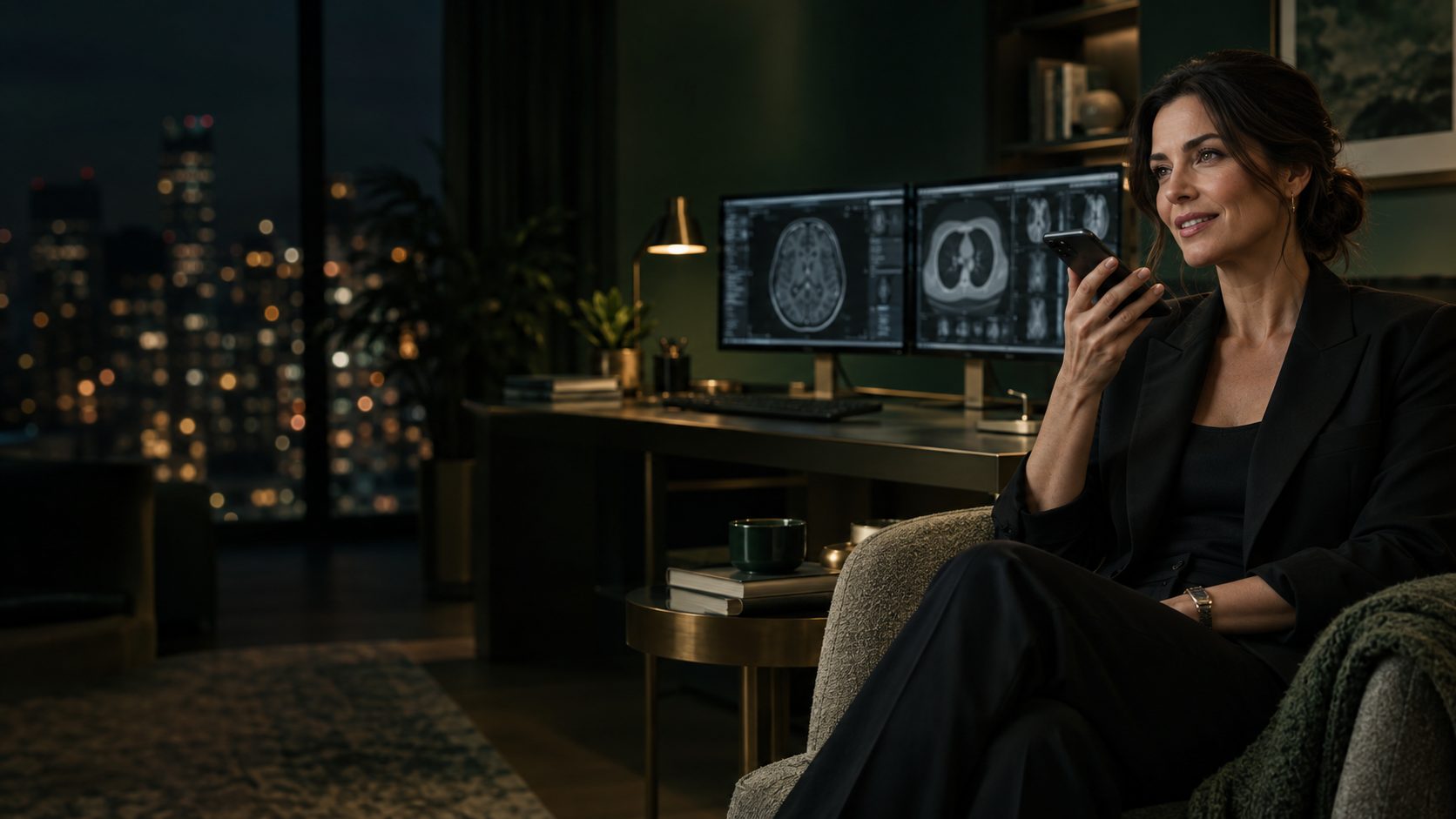 A radiologist relaxing in her home reading room asking her phone a question