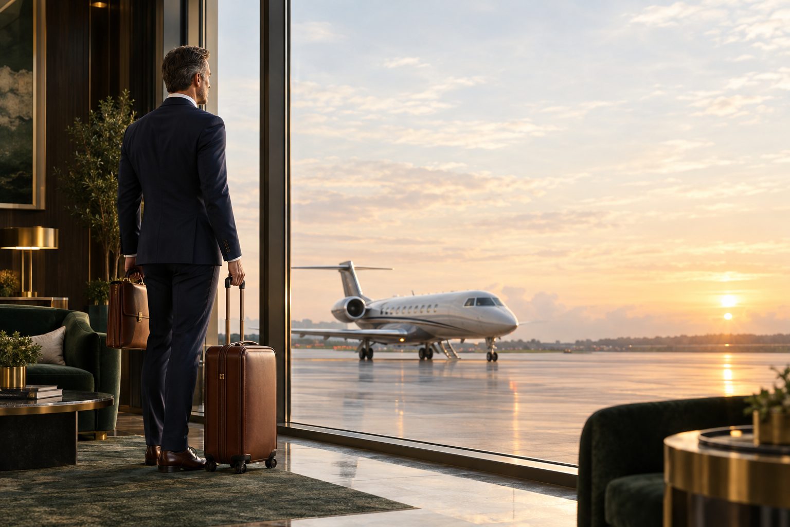 A radiologist with a briefcase looking out at a private jet at sunrise