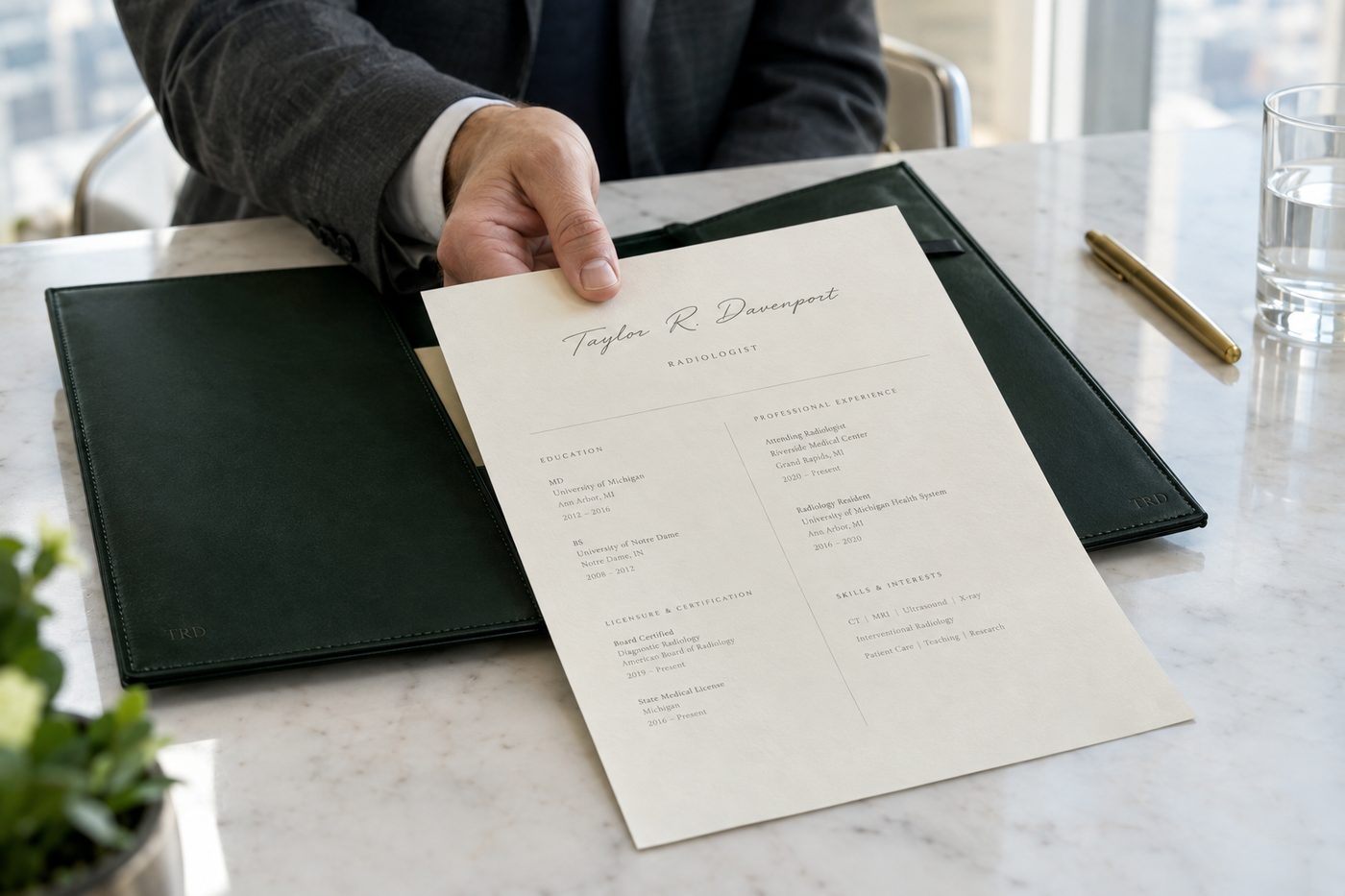 An elegant CV slid out of a green leather folio at an interview