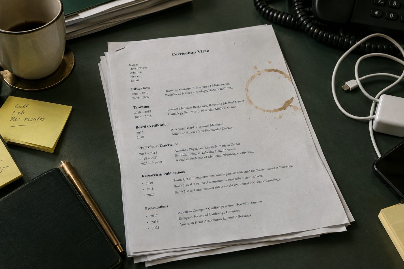 A dated, stapled CV on a cluttered hospital desk