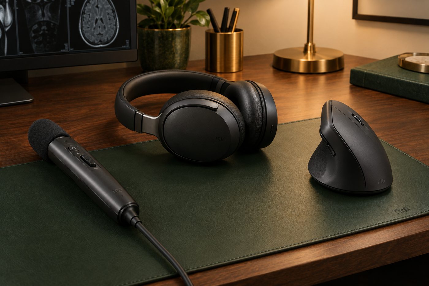 A dictation microphone, wireless headset and vertical mouse on a walnut desk