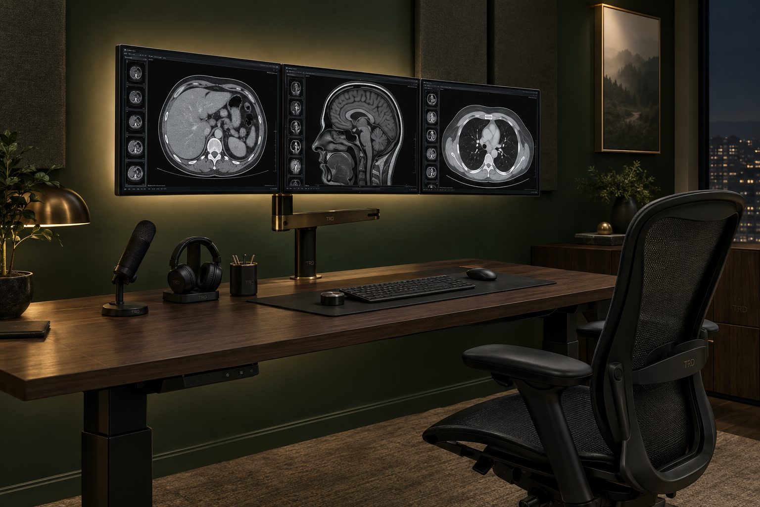 A premium three monitor home radiology reading suite at night