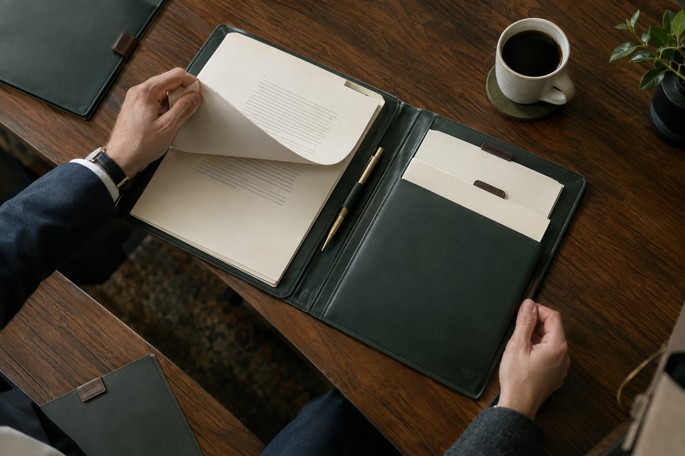 Hands flipping through a green leather padfolio at a contract review