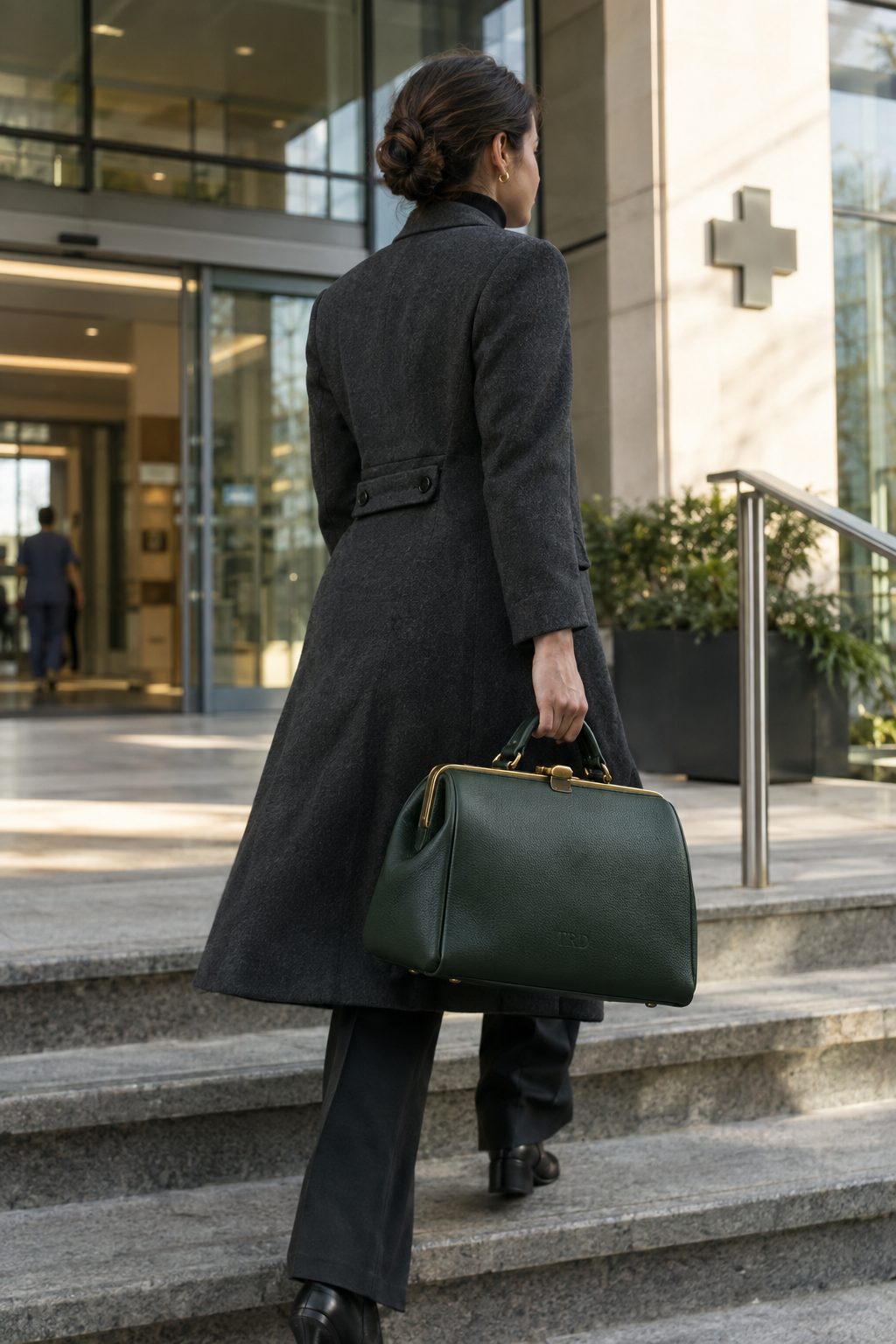 A radiologist carrying a forest green leather medical bag into a hospital