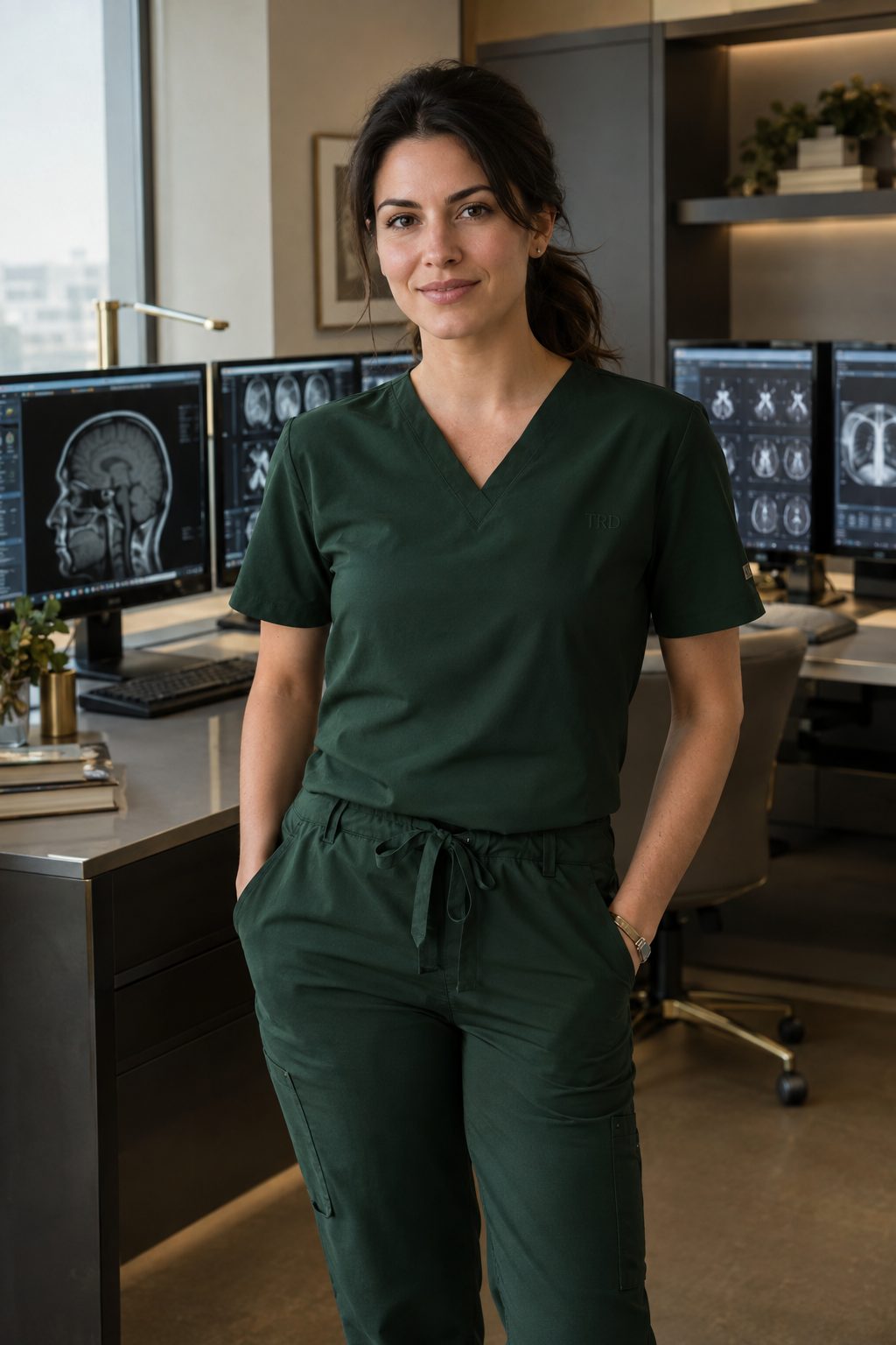 A radiologist in premium forest green scrubs in a reading room