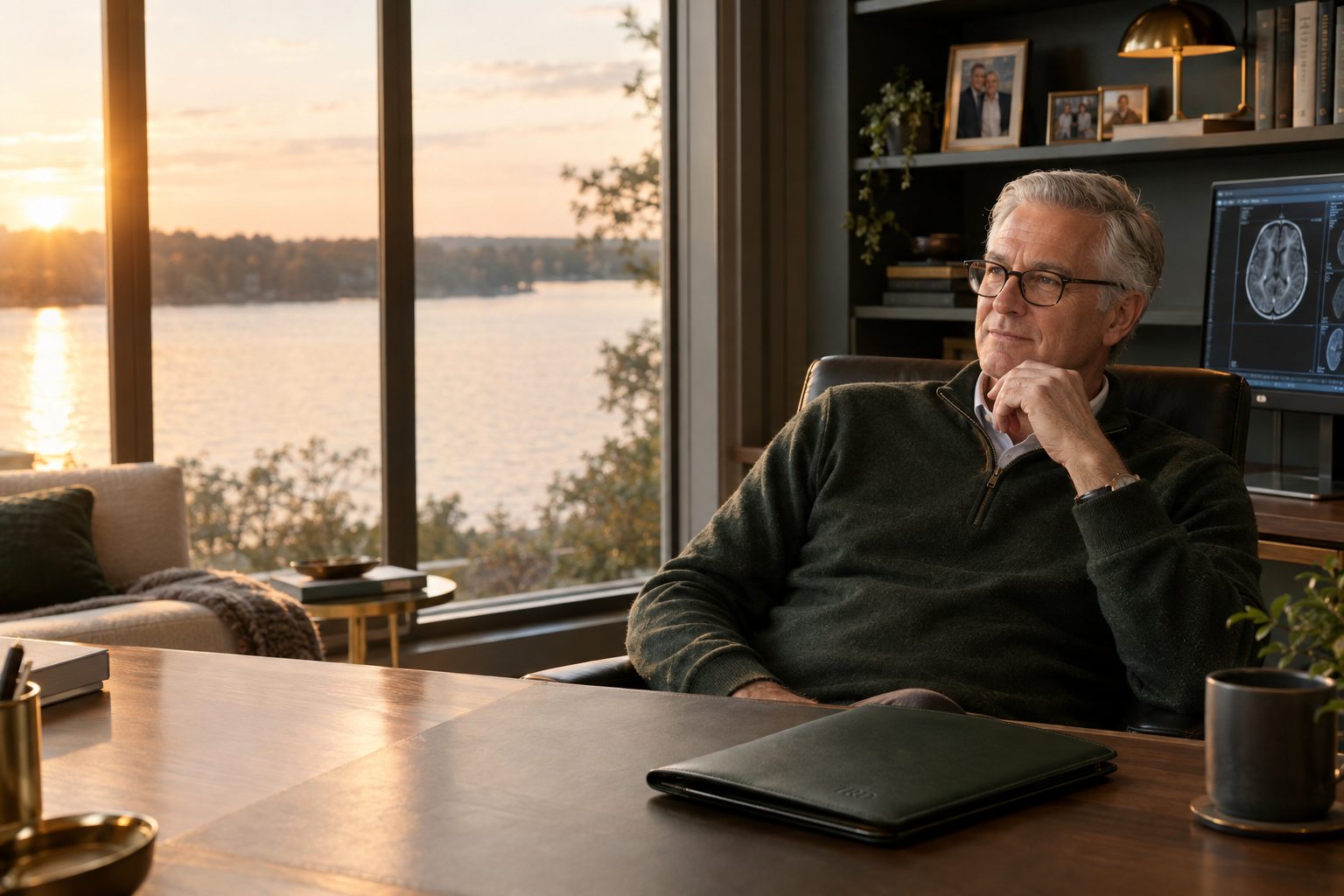 A senior radiologist in a home reading room overlooking a lake