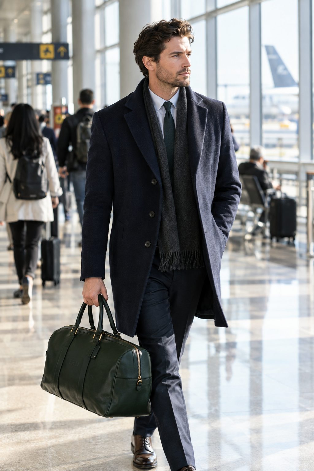 A radiologist walking through an airport with a forest green leather weekender