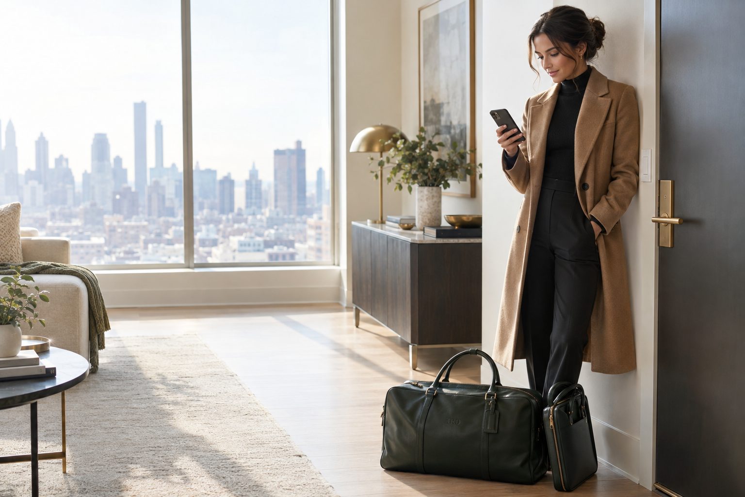 A young radiologist heading out the door with a green leather weekender