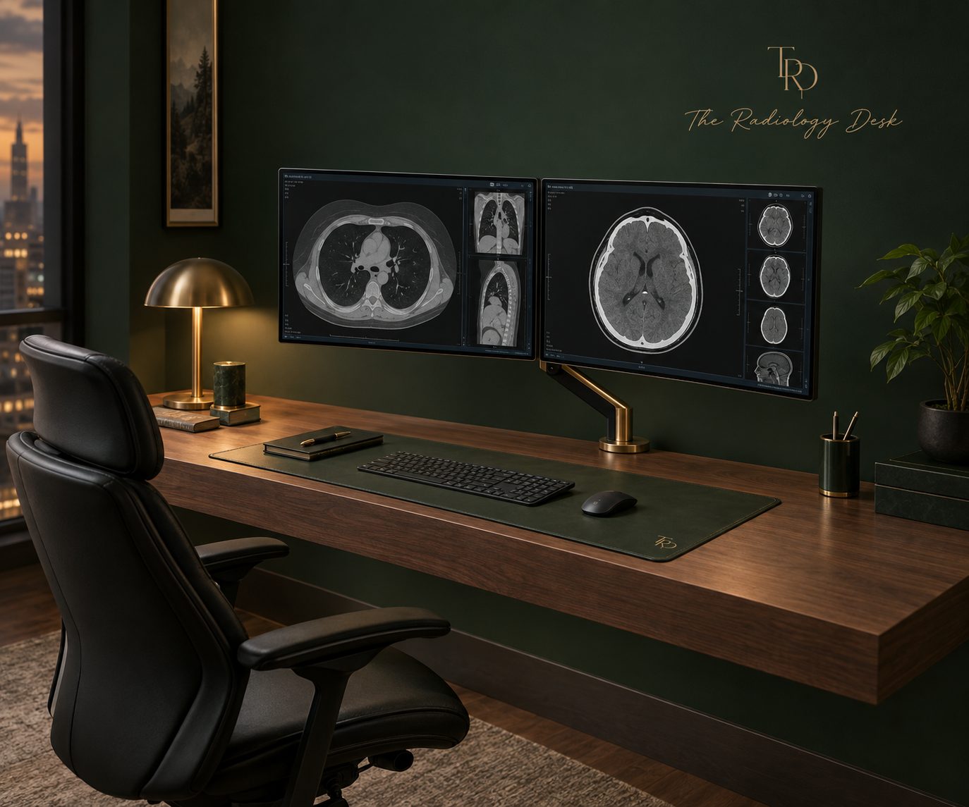 A sleek home radiology reading station with two diagnostic monitors