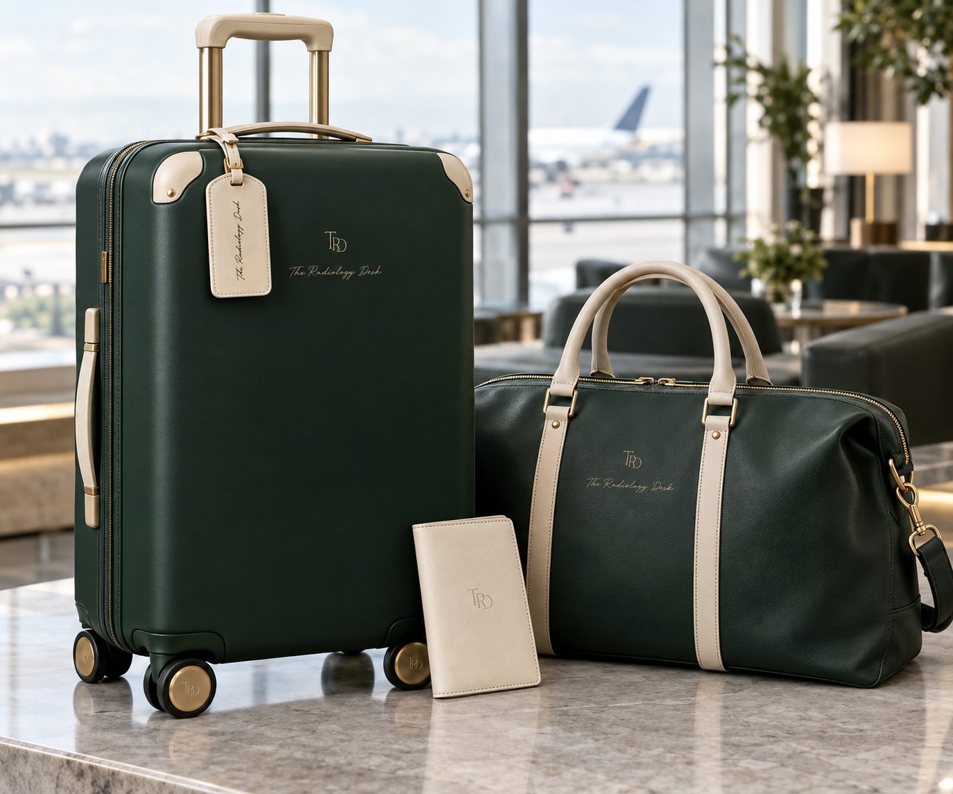A forest green carry-on, weekender bag and passport holder